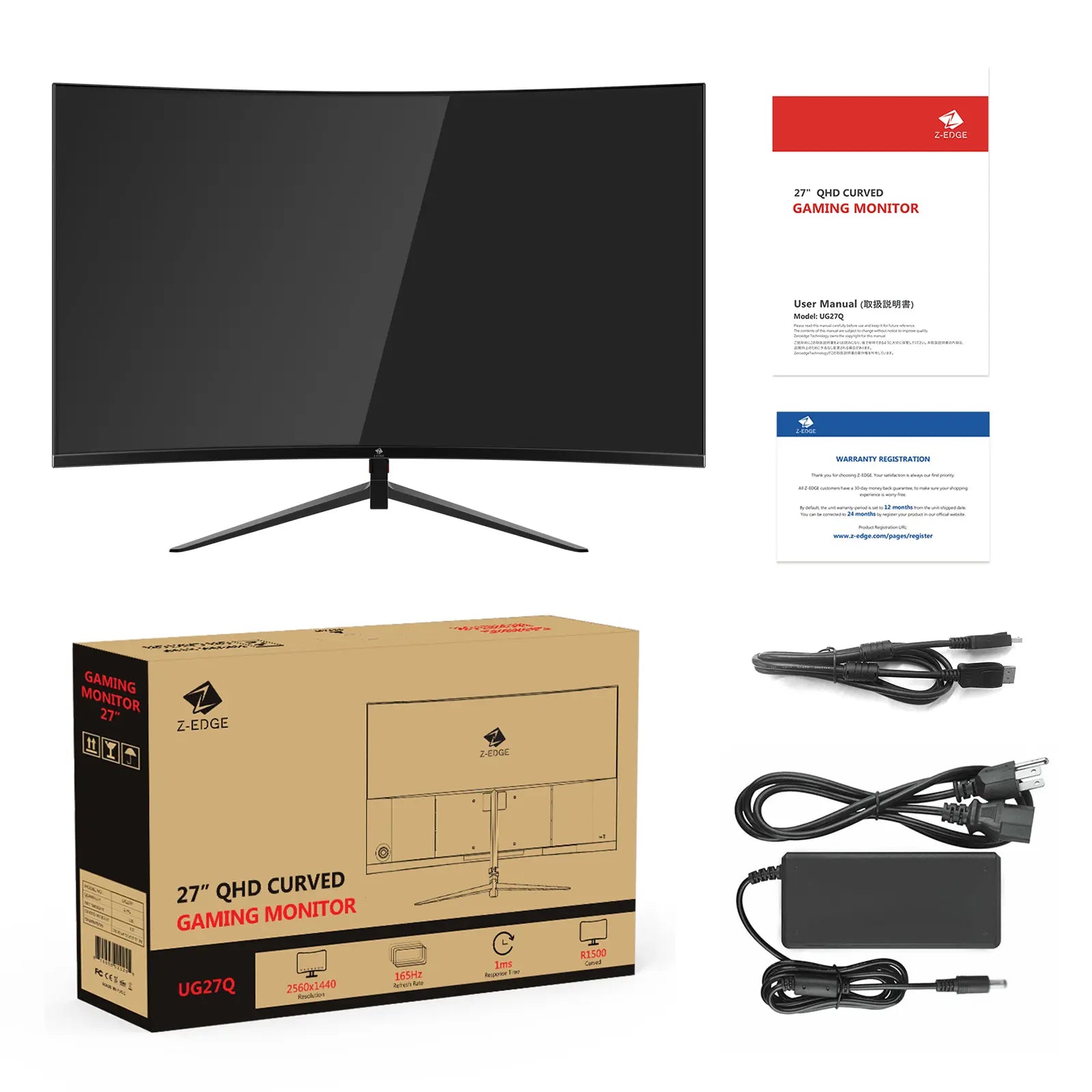 Z-EDGE 27" 165Hz QHD Curved Gaming Monitor, 16:9 2560X1440 1Ms Frameless LED Gaming Monitor, UG27Q DP&HDMI