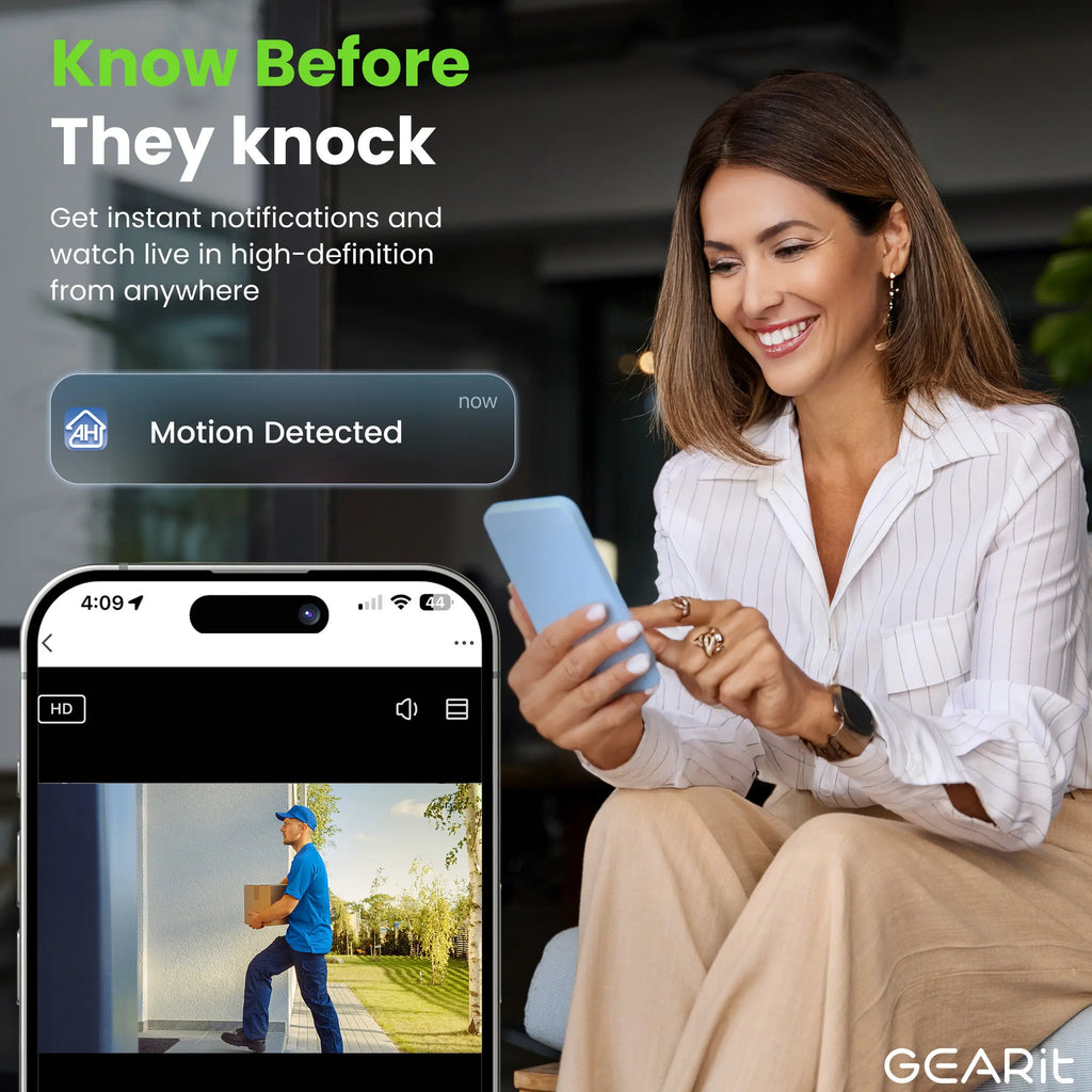 Gearit Smart Video Doorbell with Chime - Wireless 2K QHD Camera - IP64 Weather-Proof, Motion Detection, 2 Way Audio Intercom for Enhanced Security