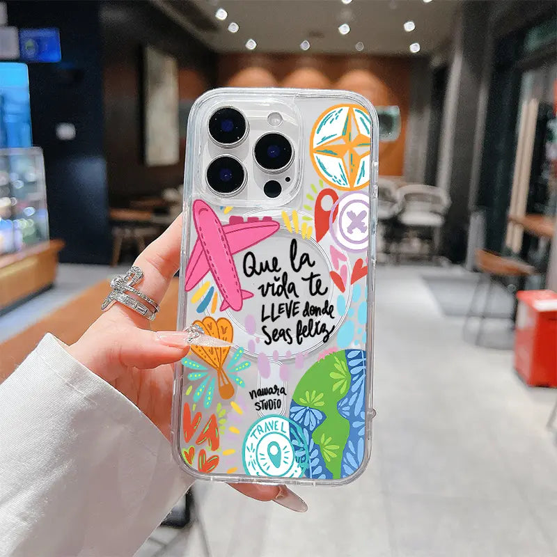 Colorful Travel Theme Pattern Phone Case,Acrylic Transparent Magnetic Soft Case,Suitable for Iphone 17 Pro Max 16 15 14 13 12 11,Anti Drop Phone Case,Lightweight and Durable,Supports Wireless Charging,Case Timy,Plm02676Fj