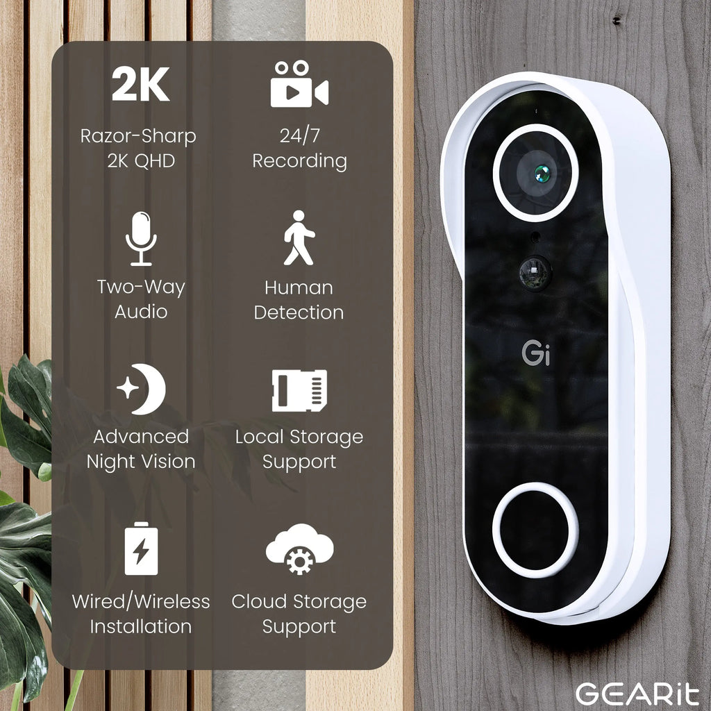 Gearit Smart Video Doorbell with Chime - Wireless 2K QHD Camera - IP64 Weather-Proof, Motion Detection, 2 Way Audio Intercom for Enhanced Security
