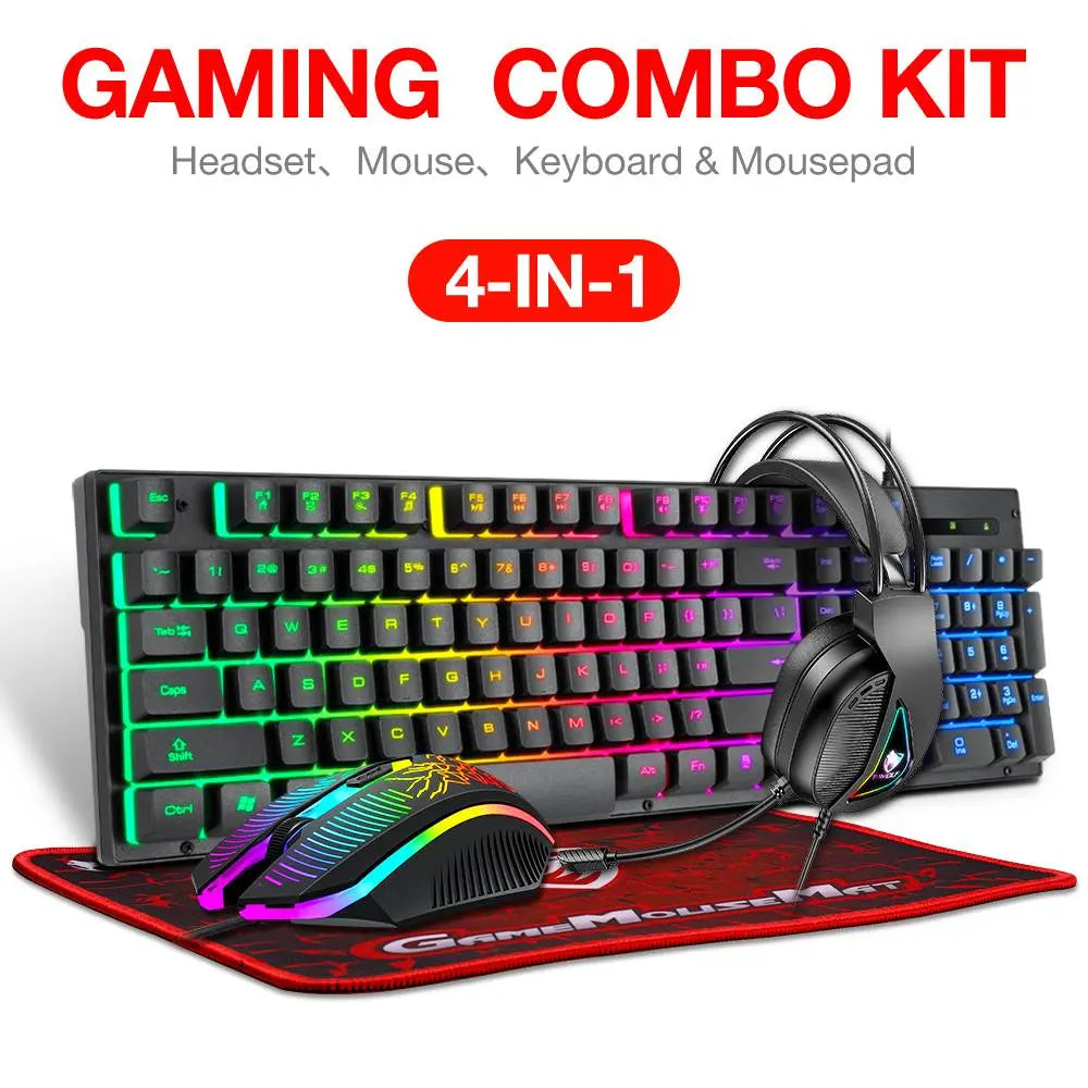 Gaming Keyboard and Mouse and Mouse Pad and Gaming Headset, Wired LED RGB Backlight Bundle for PC Gamers and Xbox and PS4 Users - 4 in 1